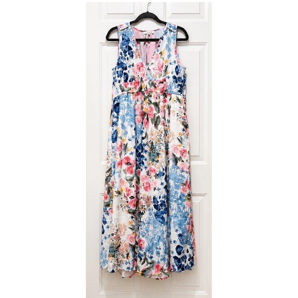 Flessibili Womens XL Floral V-Neck Sleeveless Maxi Dress Blue Pink White NWT